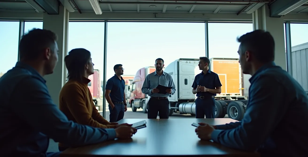 Groupe de chauffeurs en cercle de sécurité analysant un incident avec superviseur prenant des notes
