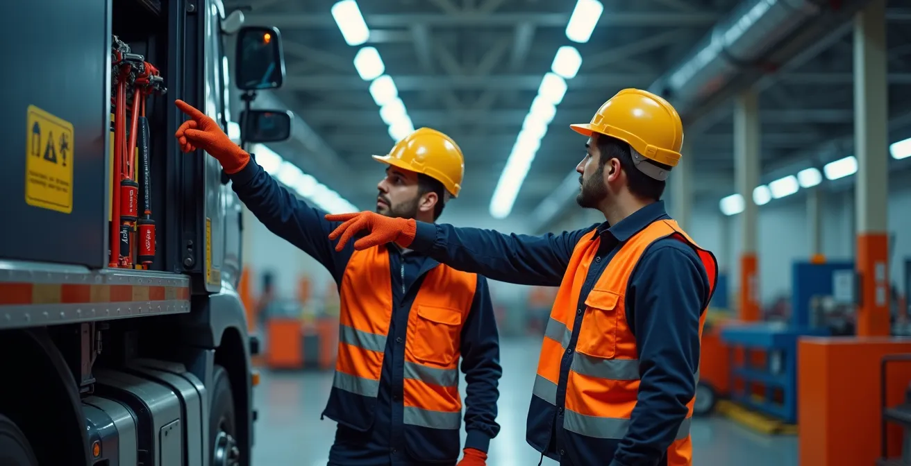 Atelier de maintenance avec équipements de sécurité haute tension et signalisation orange