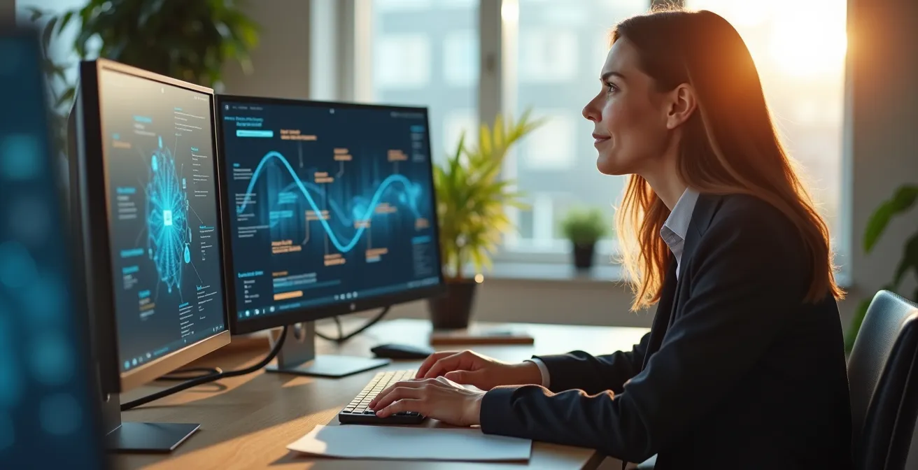 Bureau moderne avec robot logiciel traitant automatiquement des documents numériques