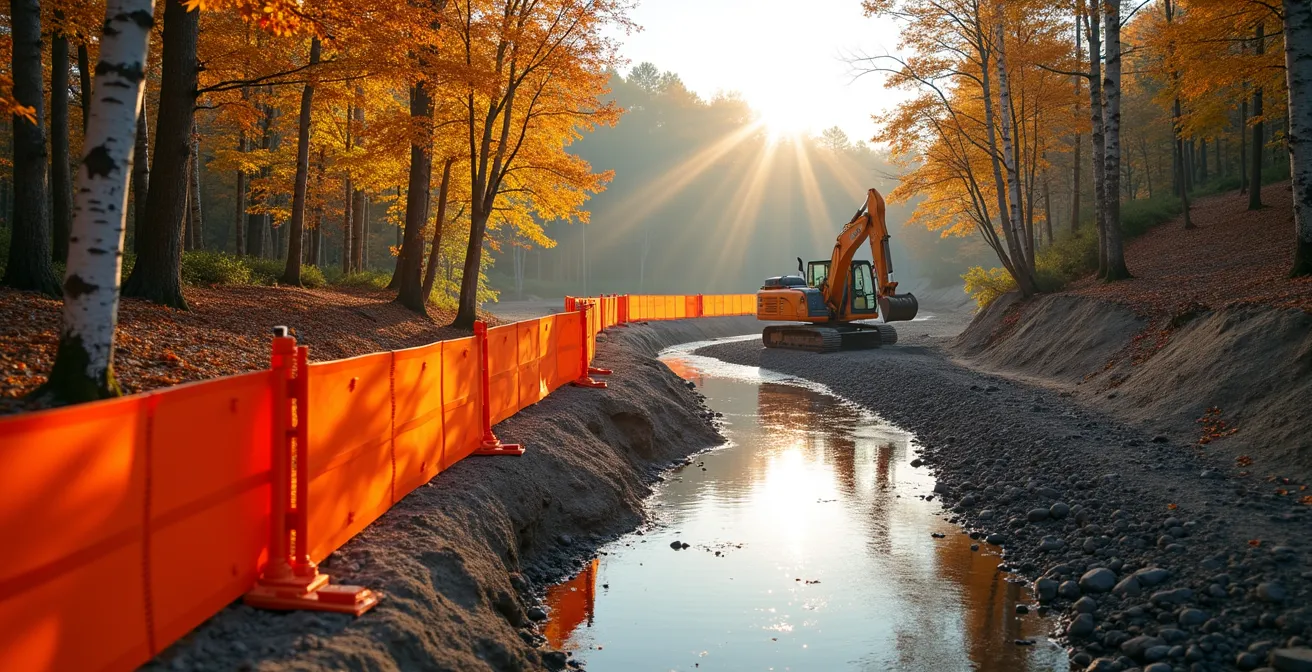 Installation de barrières à sédiments le long d'un cours d'eau sur un chantier québécois