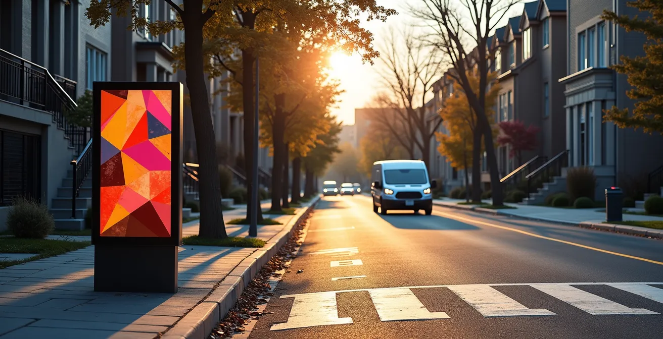 Zone de stationnement urbaine avec signalisation numérique indiquant l'alternance entre stationnement et zone de livraison