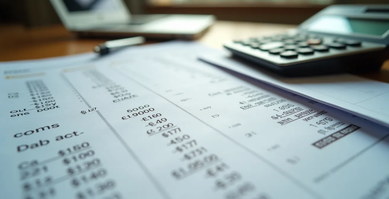 Gros plan macro sur des documents comptables avec calculatrice vintage et factures détaillées montrant la ventilation des coûts