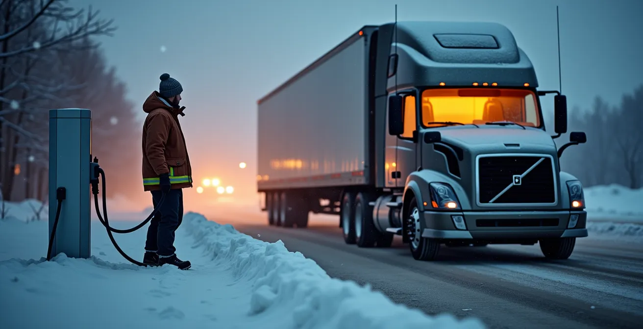 Camion électrique branché à une borne par temps de neige avec vapeur visible montrant le préchauffage de la cabine