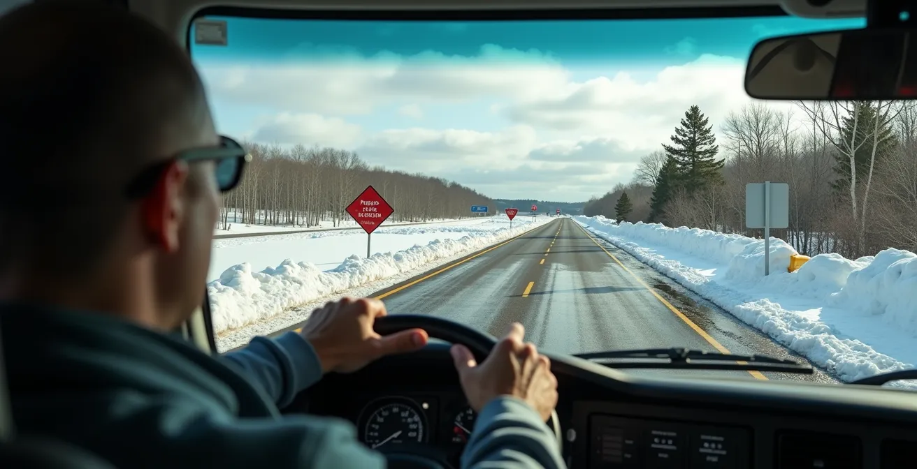Camion de transport ralentissant sur une route provinciale québécoise durant la période de dégel printanier