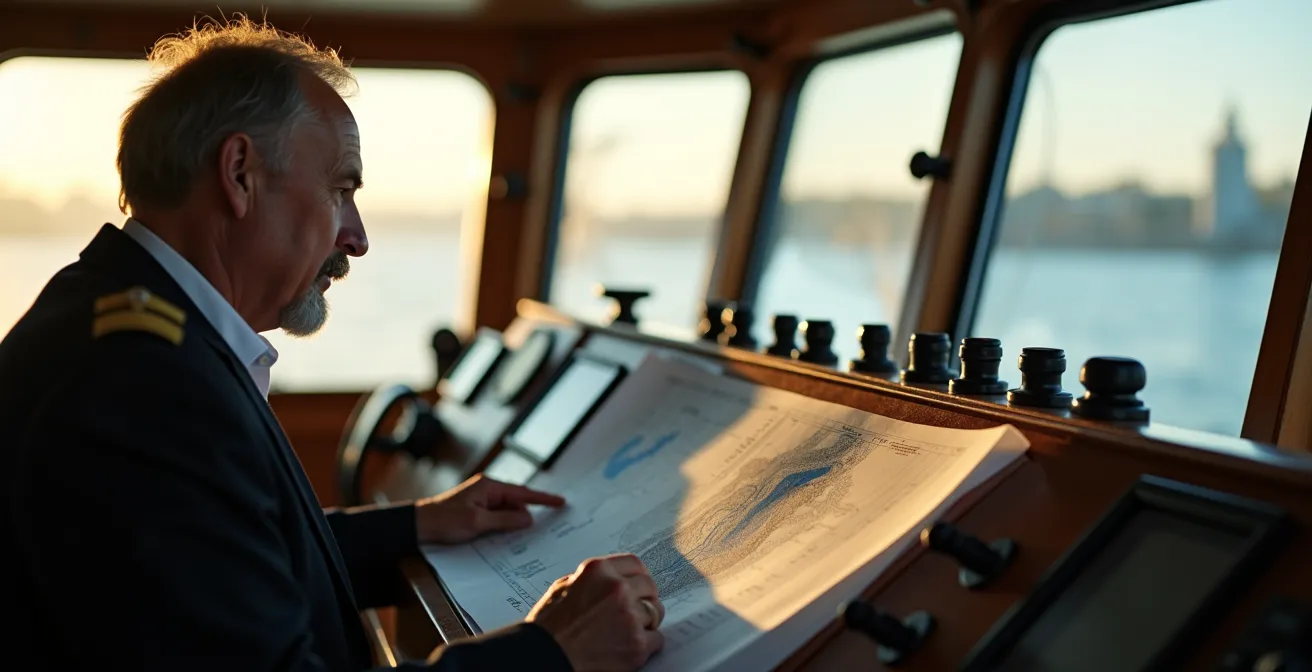 Un officier de marine examinant des cartes nautiques dans la passerelle d'un navire moderne avec vue sur le fleuve Saint-Laurent
