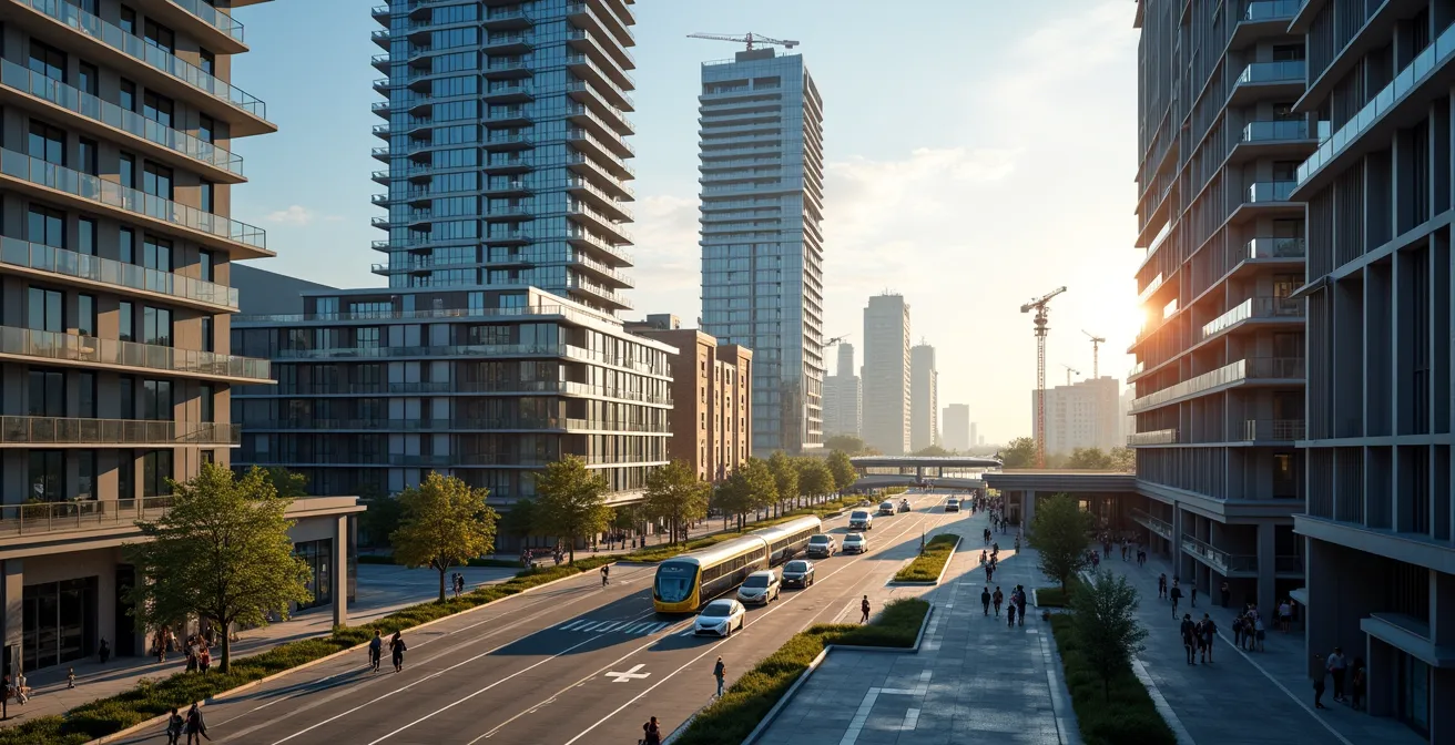 Développement immobilier autour d'une station de transport collectif illustrant le concept de captation de la plus-value foncière