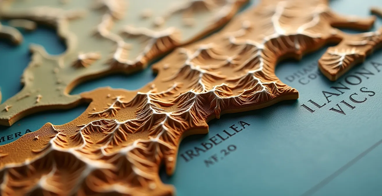 Vue macro d'une carte topographique montrant la concentration démographique canadienne