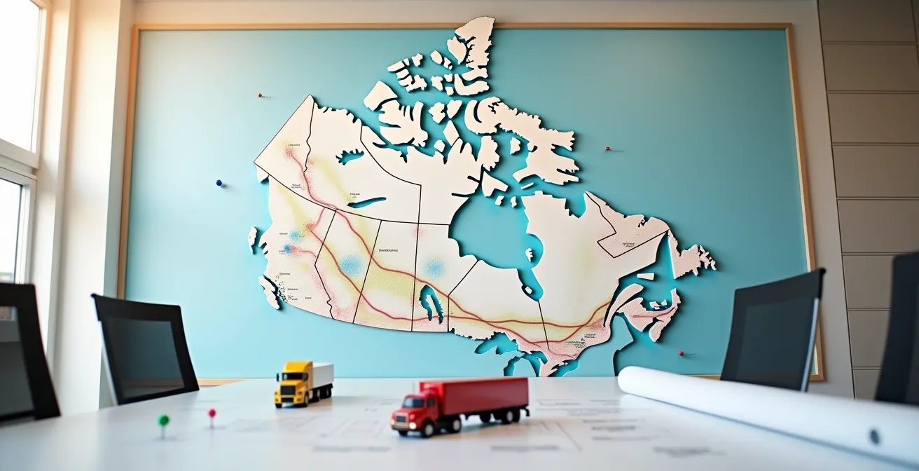 Carte stratégique du Canada montrant les zones d'efficacité du ferroutage avec Thunder Bay comme point de bascule entre transport routier et ferroviaire