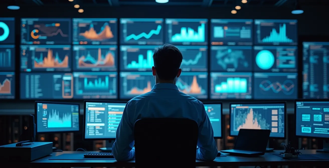 Centre de contrôle logistique moderne avec tableaux de bord de données en temps réel