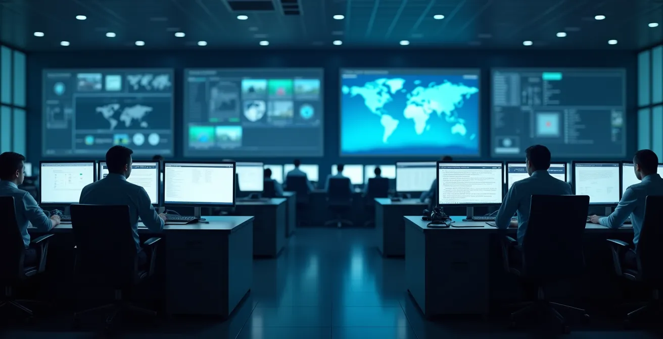 Centre de contrôle logistique moderne avec écrans de surveillance et opérateurs gérant les alertes réglementaires