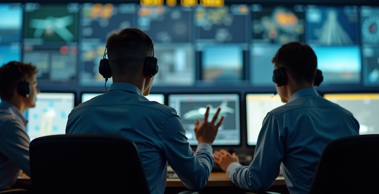 Centre de contrôle régional NAV CANADA avec contrôleurs aériens en action