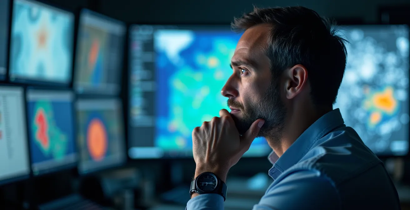 Centre de contrôle logistique avec opérateur surveillant les conditions météo hivernales