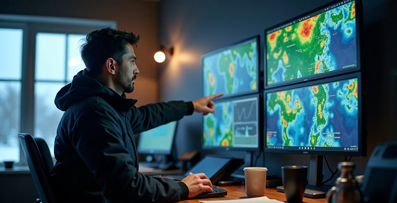 Centre de répartition logistique avec opérateurs analysant les conditions météo hivernales au Québec