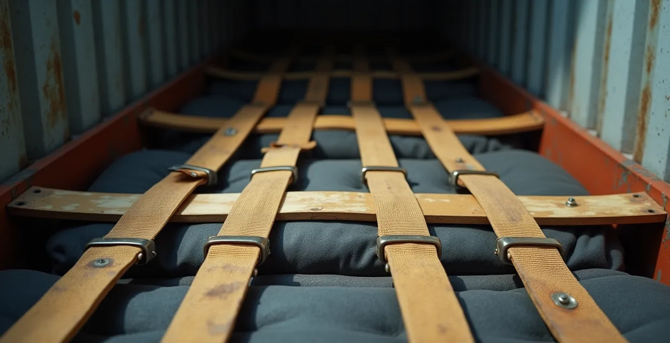 Vue macro détaillée d'un système d'arrimage professionnel à l'intérieur d'un conteneur montrant sangles et cales industrielles