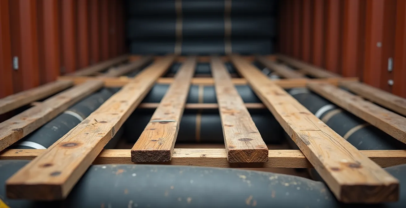 Vue en coupe d'un conteneur intermodal montrant les techniques professionnelles d'arrimage et de calage des marchandises avec airbags et bois de calage