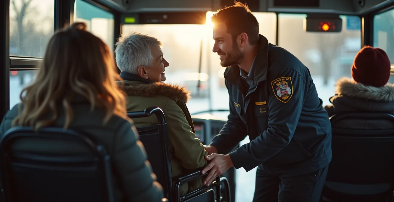 Chauffeur d'autobus aidant avec bienveillance une personne à mobilité réduite lors de l'embarquement