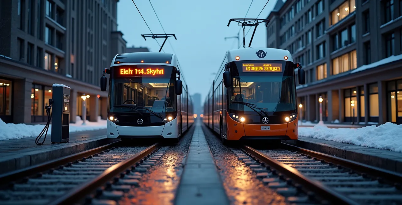 Comparaison visuelle entre un autobus électrique moderne et une infrastructure de tramway dans un environnement urbain québécois