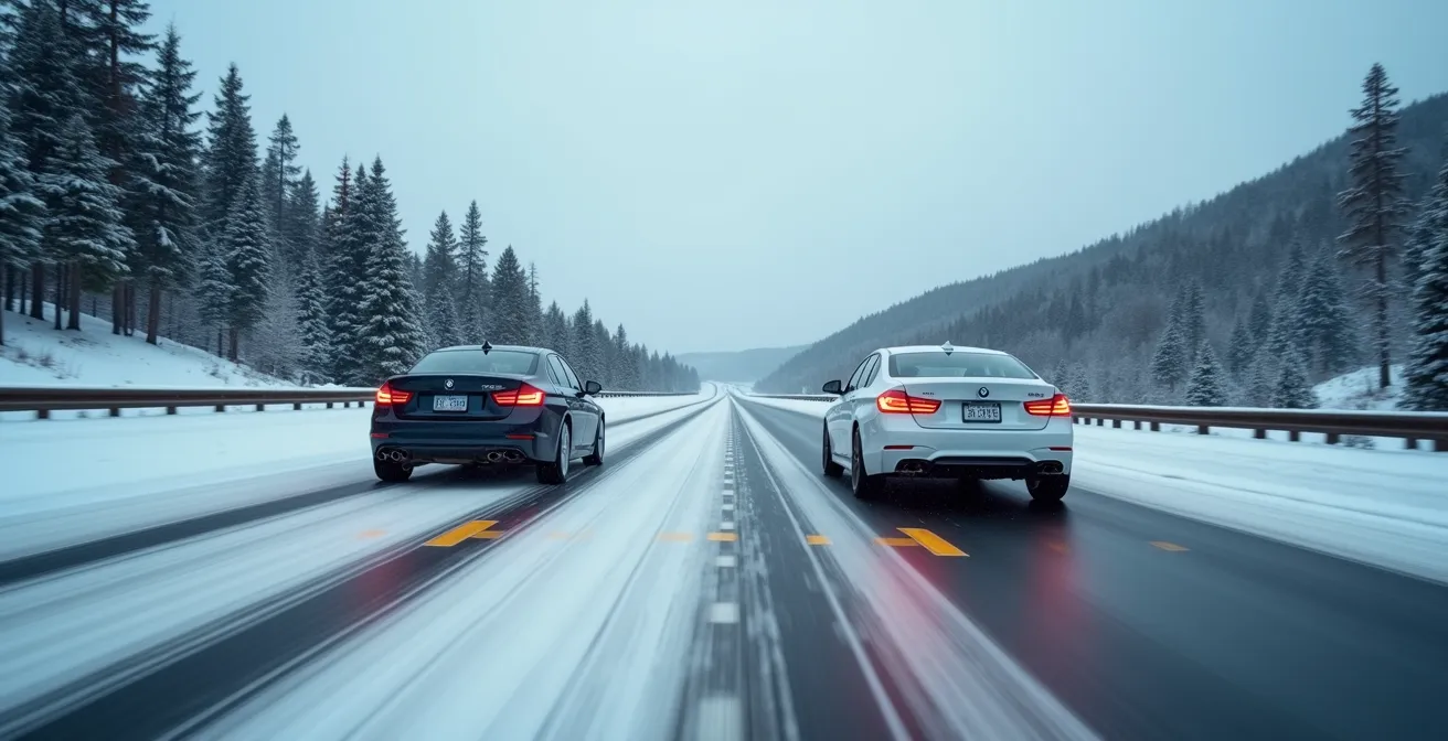 Simulation visuelle de la distance de freinage supplémentaire due à la latence réseau en conditions hivernales