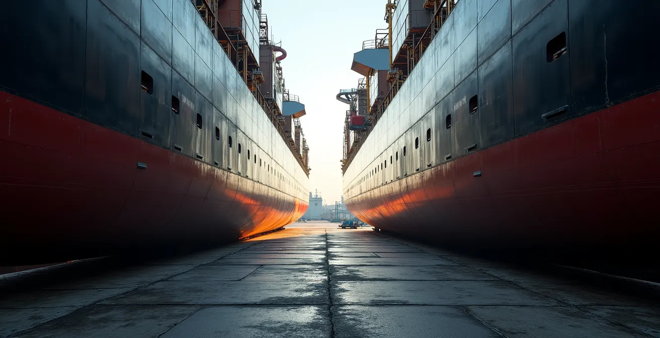 Comparaison visuelle entre un navire rétrofité avec technologies vertes et un navire neuf écologique dans un chantier naval québécois