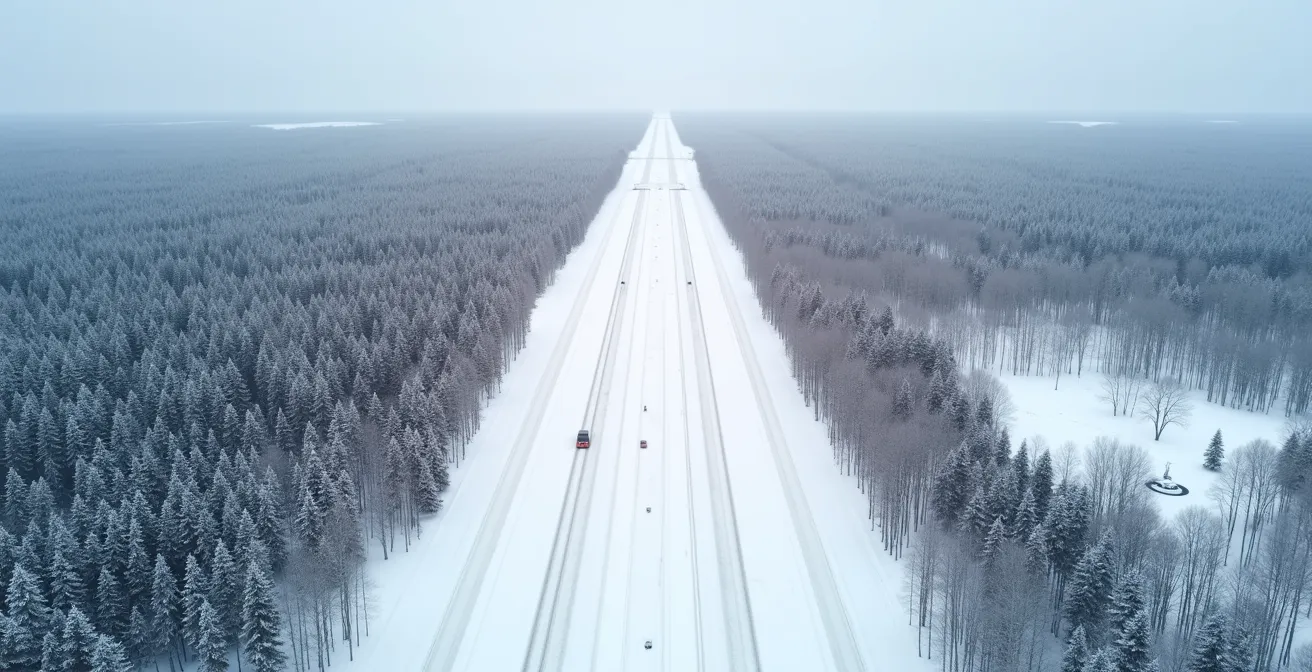 Vue aérienne large montrant deux routes enneigées traversant la forêt boréale ontarienne