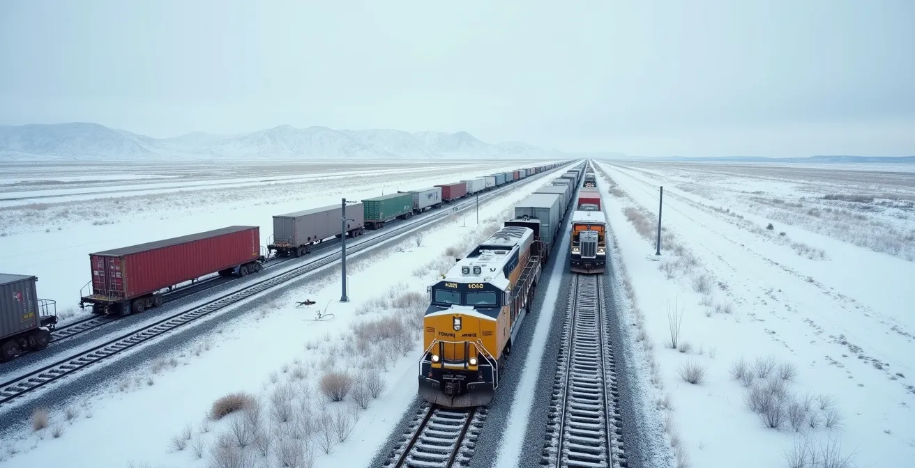 Vue parallèle d'un train de marchandises et de camions sur l'autoroute canadienne