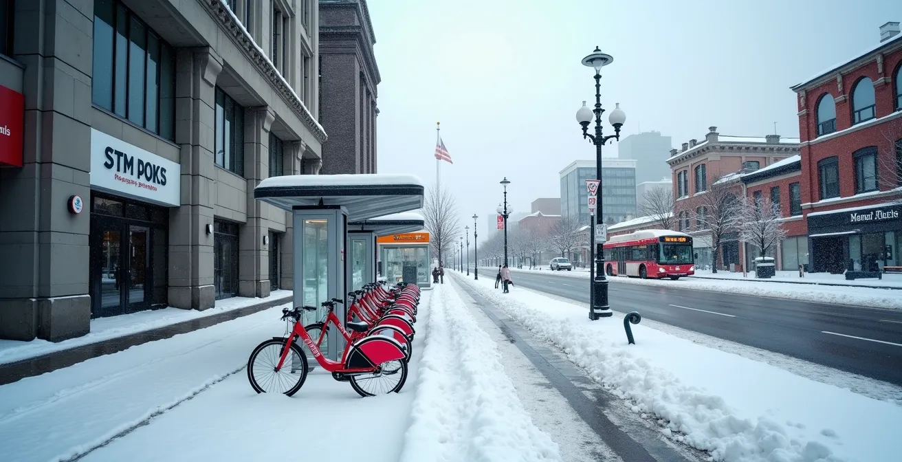 Station BIXI enneigée près d'une station de métro montréalaise avec bus STM en arrière-plan