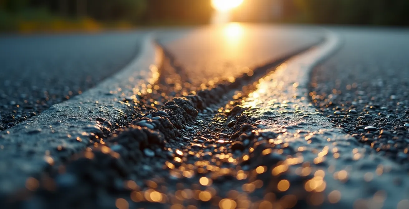 Vue macro d'une texture d'asphalte avec des lignes de marquage routier créant un motif abstrait représentant la convergence des réseaux