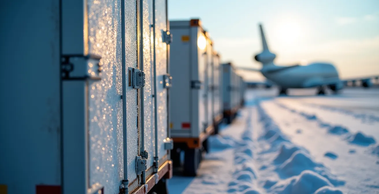 Conteneurs pharmaceutiques réfrigérés sur le tarmac enneigé d'un aéroport québécois