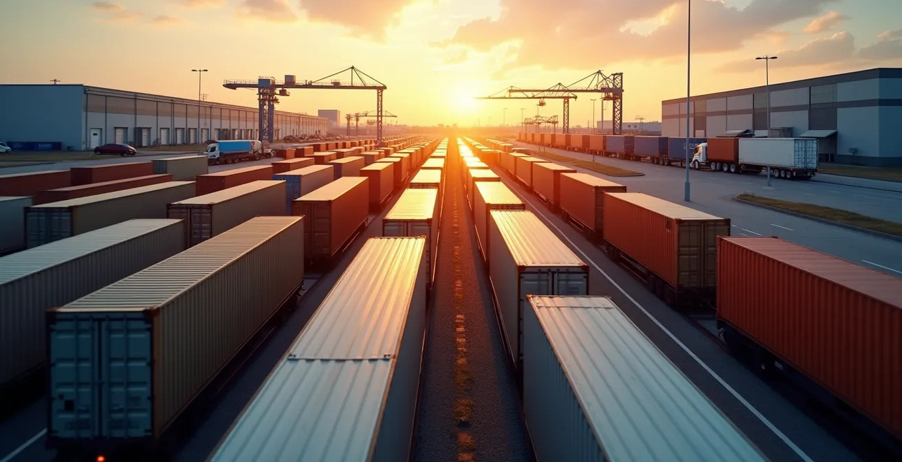 Corridor de transport intermodal montrant trains et camions transitant entre installations industrielles nord-américaines