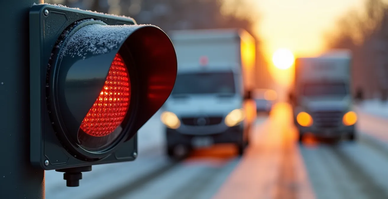 Vue macro d'un feu de circulation avec capteurs intelligents pour la détection de véhicules de livraison