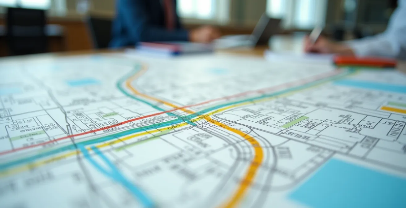 Vue macro d'un plan d'aménagement urbain montrant les emprises réservées pour futurs corridors de transport