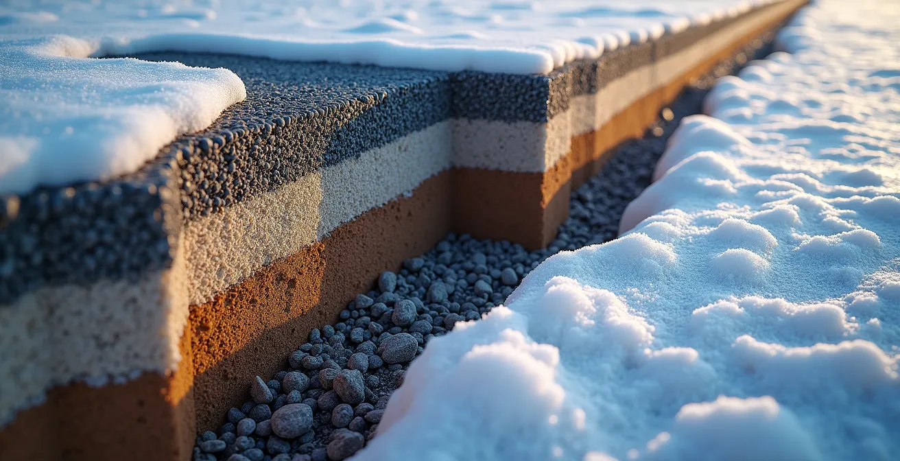 Coupe transversale d'un système de drainage routier montrant les zones de gel