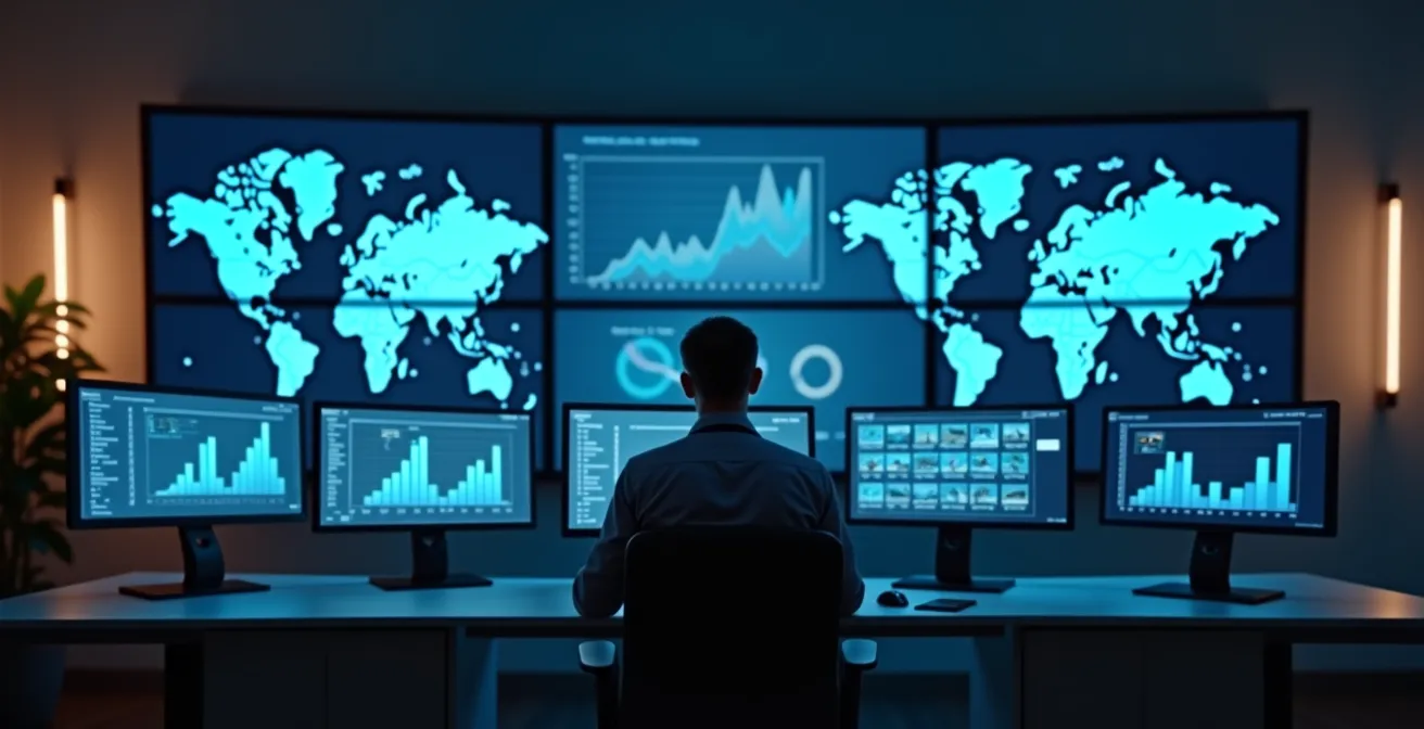 Centre de contrôle logistique moderne avec multiples écrans affichant des cartes et graphiques