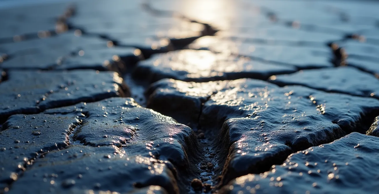 Vue macro d'une fissure dans l'asphalte causée par les cycles de gel-dégel