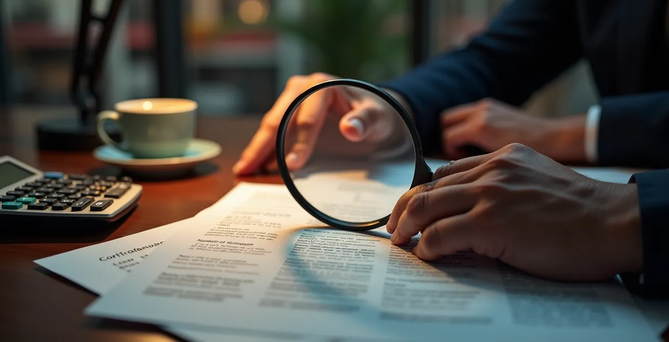 Gros plan sur des mains vérifiant méticuleusement un document maritime avec une loupe, environnement de bureau professionnel