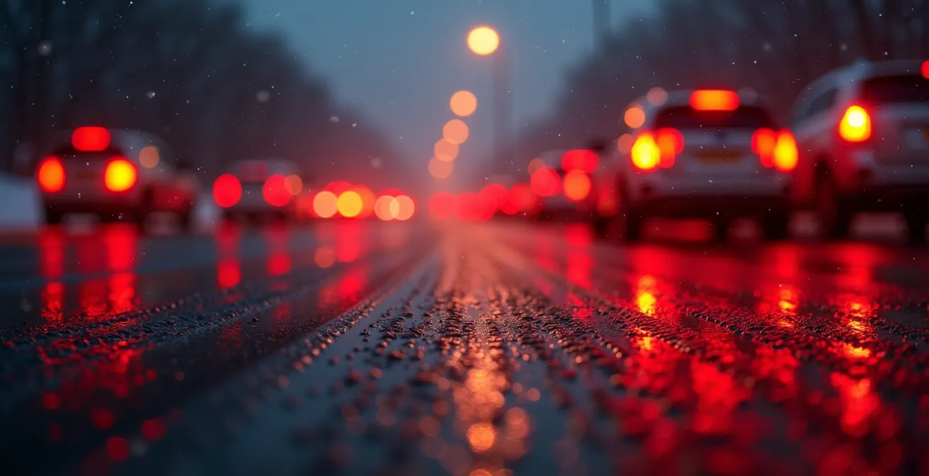 Vue macro des phares arrière de véhicules dans un embouteillage hivernal sur une autoroute du Québec