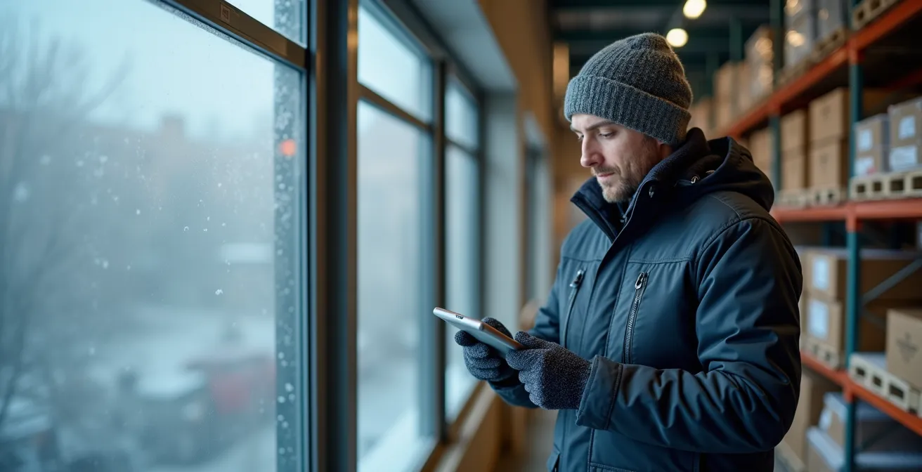 Entrepôt québécois en hiver avec système de contrôle de température intelligent