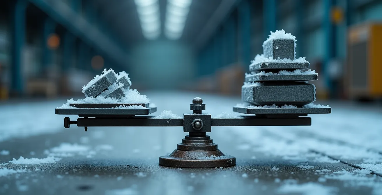 Représentation visuelle d'une balance équilibrant flux tendu et stock de sécurité avec contexte hivernal québécois