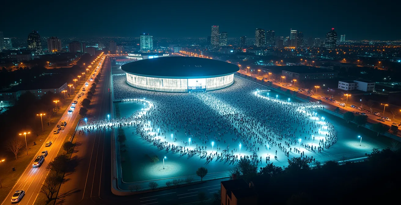 Vue aérienne nocturne du Centre Bell avec flux de personnes s'écoulant vers différents modes de transport