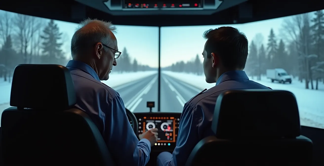 Chauffeur en formation sur simulateur de conduite avec conditions hivernales québécoises