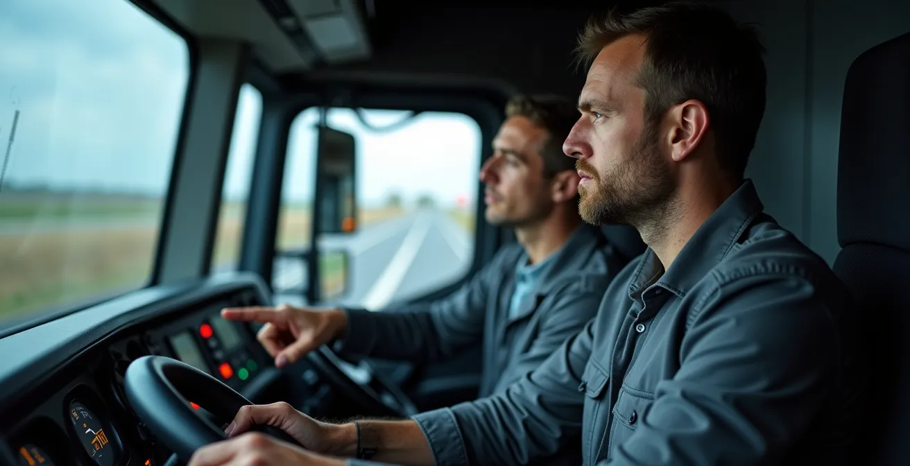 Chauffeur de camion en formation sur simulateur de conduite avec instructeur observant ses manœuvres