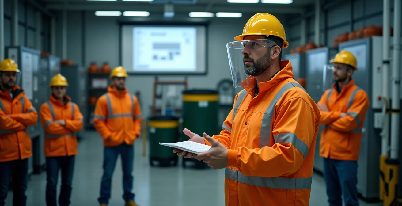 Formateur en équipement de protection démontrant les procédures d'urgence dans un centre de formation québécois