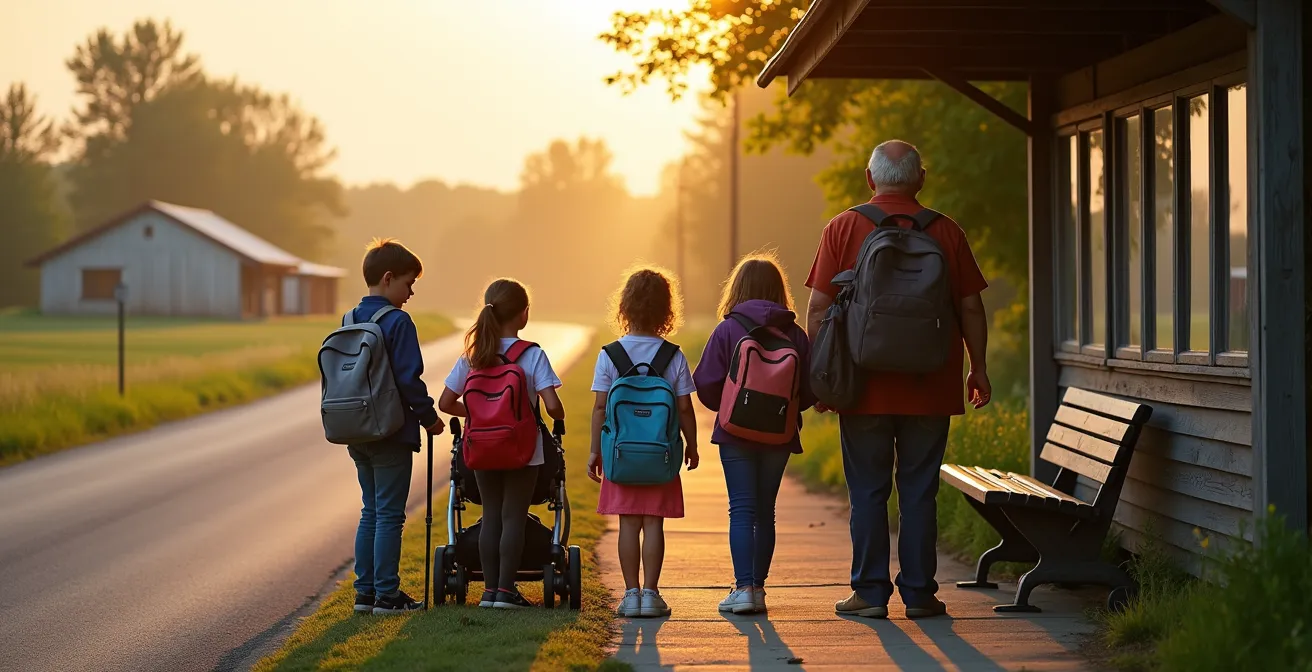Groupe multigénérationnel attendant ensemble à un arrêt d'autobus rural en matinée