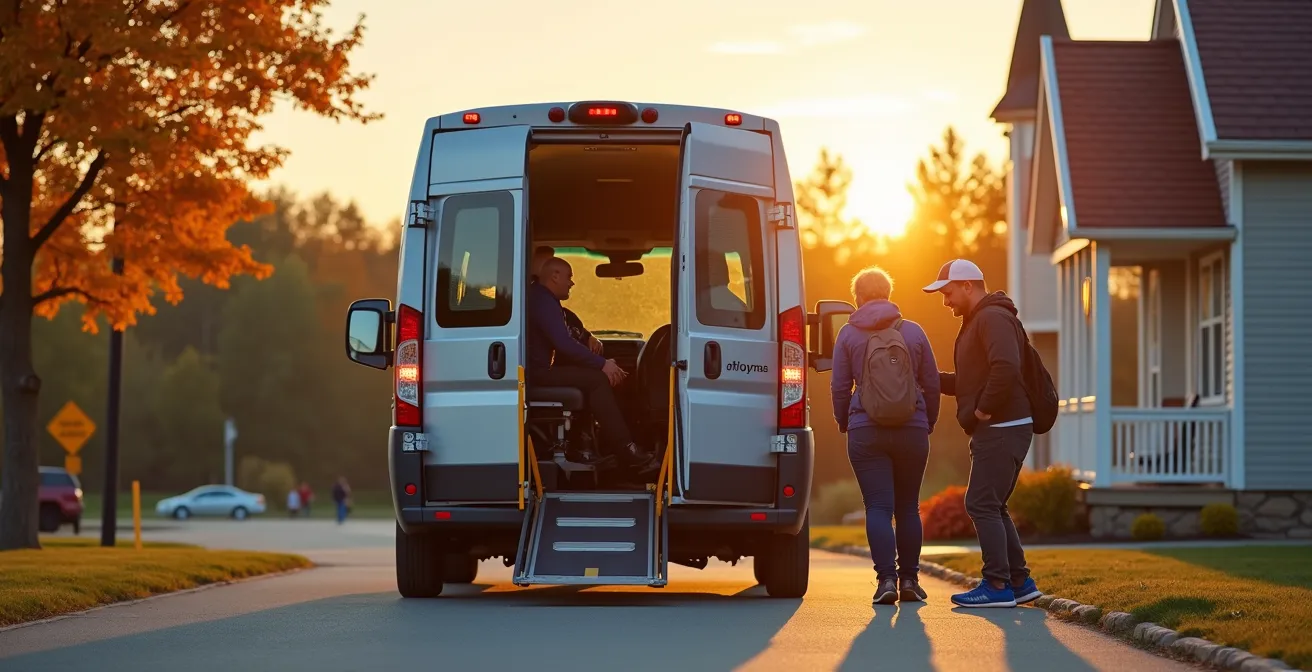 Minibus polyvalent stationné devant un centre communautaire rural québécois, équipé pour le transport scolaire et adapté