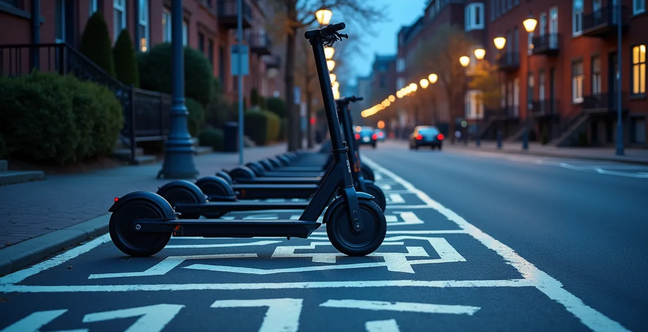Zones de stationnement organisées pour trottinettes électriques dans un quartier de Montréal
