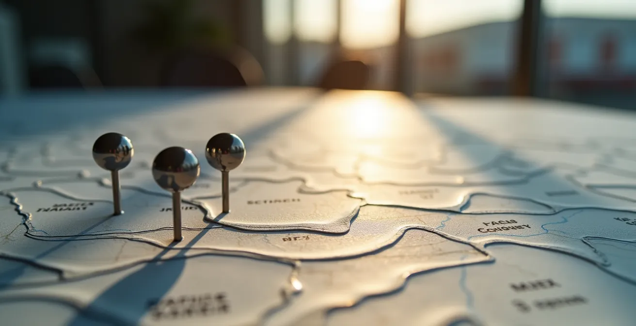 Centre de distribution moderne avec camions en chargement et carte stratégique du corridor Québec-Ontario en arrière-plan