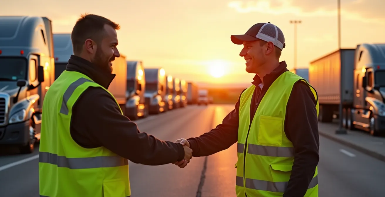 Point de relais pour échange de remorques entre camionneurs sur l'autoroute 20