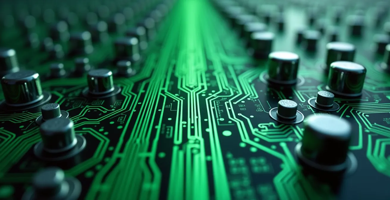 Vue macro de circuits imprimés formant des routes de transport abstraites