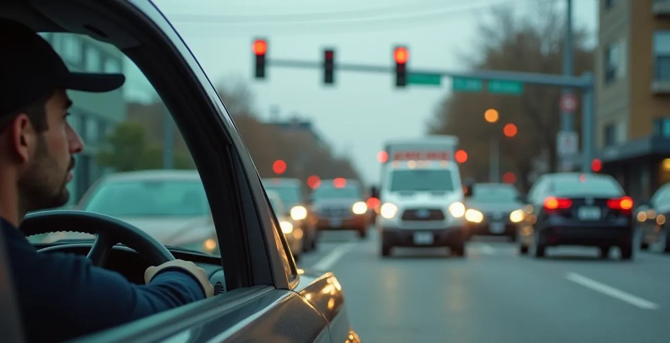 Intersection urbaine avec système de feux de circulation adaptatifs et véhicule de livraison en priorité