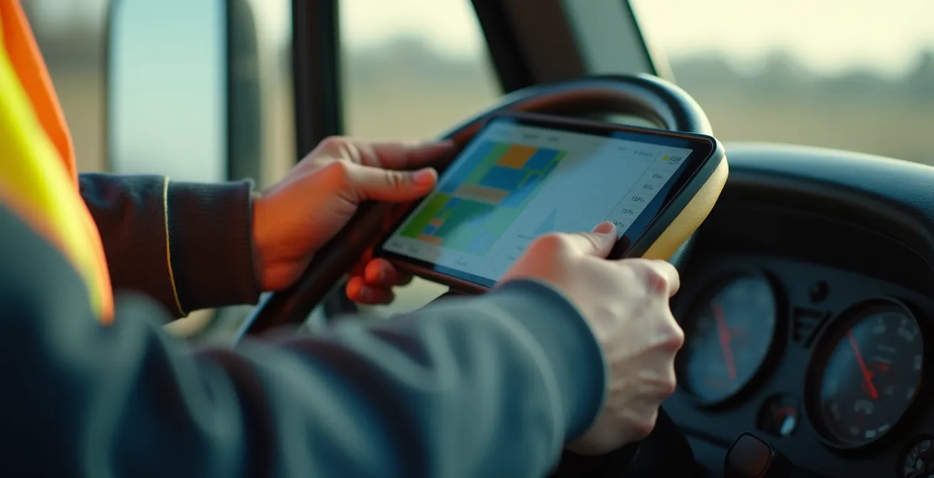 Gros plan macro sur les mains d'un jeune conducteur manipulant un dispositif de consignation électronique moderne